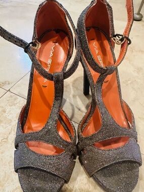 Via Spiga Metallic Silver T-Strap High Heel Sandals